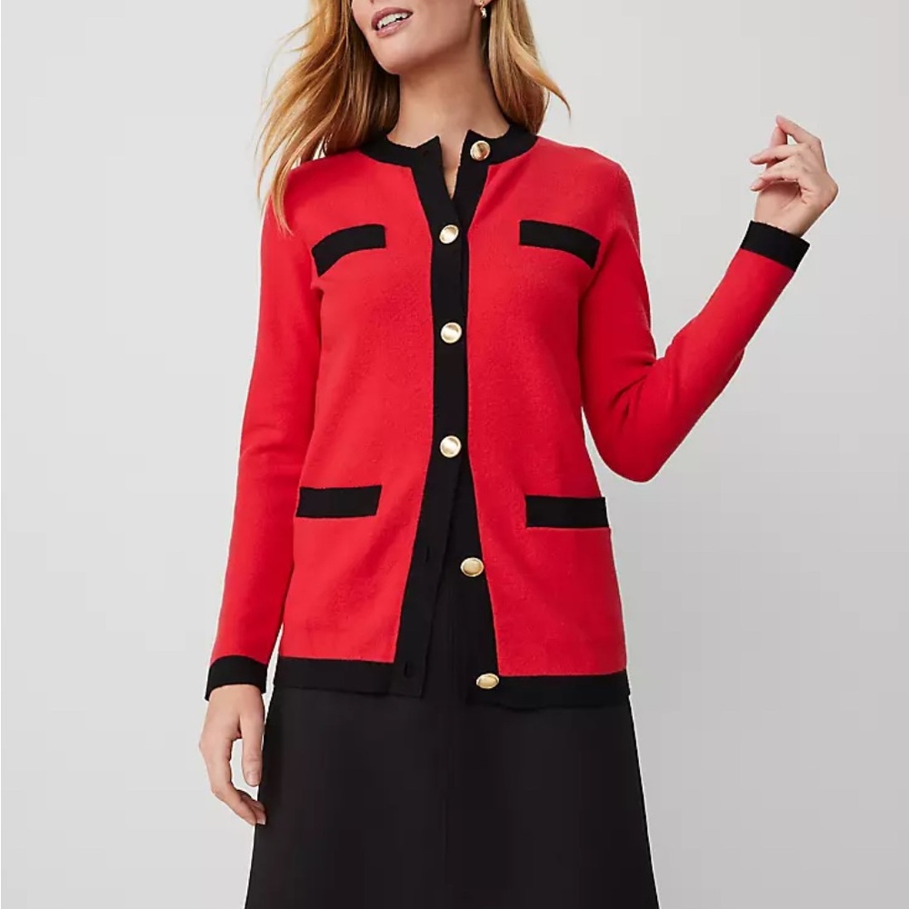 Ann Taylor Petite Contrast Trim Boyfriend Cardigan Red and Black petite Small